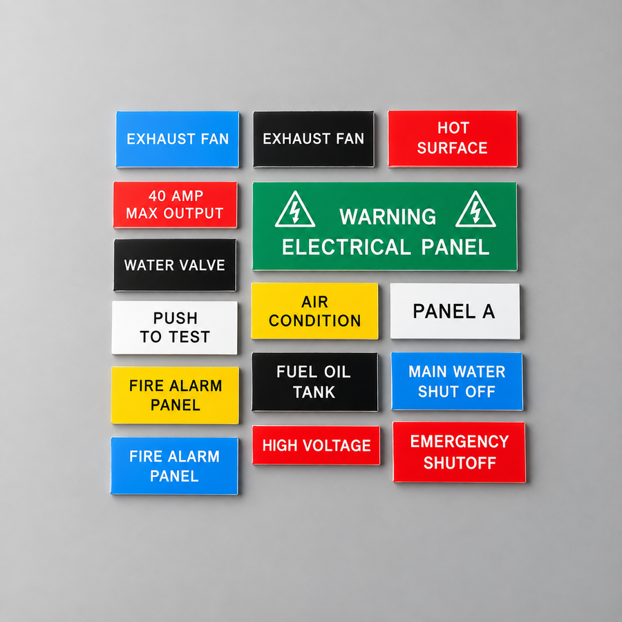 Custom engrave nameplate with adhesive/industrial machinery and equipment electrical, plumbing and construction trades label tag signs and Digits